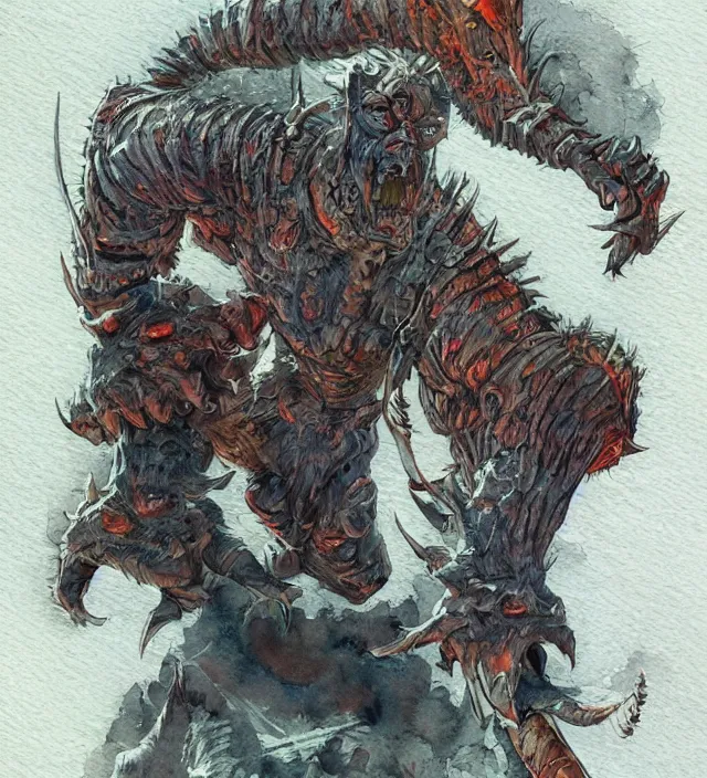 Prompt: a 3 / 4 view watercolor ink painting of a humanoid demonic glowing deathclaw dressed as a raider in the style of jean giraud in the style of moebius trending on artstation deviantart pinterest detailed realistic hd 8 k high resolution