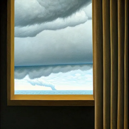 Prompt: a girl pensively looking out the window where a stormy clouds above a tumultuous sea, painting by jeffrey smith