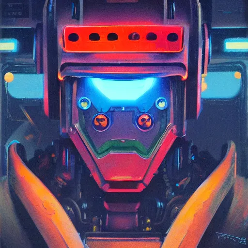 Image similar to a dark and colorful close - up side profile portrait of a sci - fi mecha robot with led lights glowing fog in the background. highly detailed science fiction painting by norman rockwell, frank frazetta, and syd mead. rich colors, high contrast, gloomy atmosphere, dark background. trending on artstation