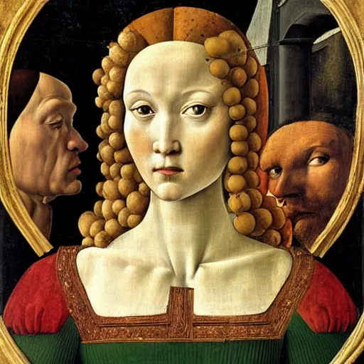 Image similar to beautiful renaissance painting portrait of a gouda cheese wheel by sandro botticelli, jan van eyck, tiziano vecelli, piero della francesca