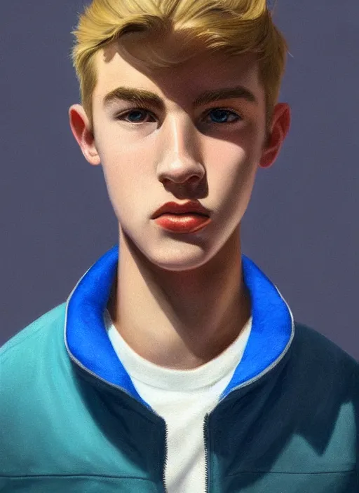 Image similar to portrait of a teenage boy named moose mason, blonde short hair, jock, beefy, square jaw, square facial structure, 1 9 5 0 s, blue varsity jacket, intricate, elegant, glowing lights, highly detailed, digital painting, artstation, concept art, smooth, sharp focus, illustration, art by wlop, mars ravelo and greg rutkowski