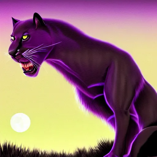 Prompt: digital painting of a large purple colored panther roaring at night. large moon in the center of the background. digital drawing, illustration, 4 k, render, matte, highly detailed, artstation, realistic, dramatic, darkness, moon.