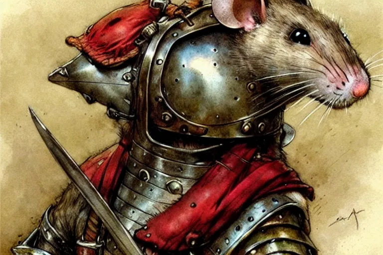 Image similar to adventurer ( ( ( ( ( medieval mouse in armor. muted colors. ) ) ) ) ) by jean baptiste monge!!!!!!!!!!!!!!!!!!!!!!!!! chrome red