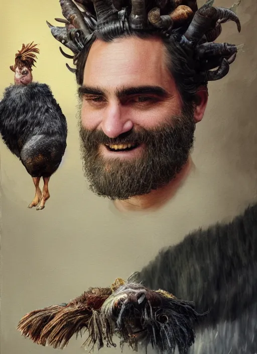 Image similar to a hyper detailed painting of joaquin phoenix surrounded by animals, cow horns, pig nose, sheep wool, chicken feather armor, horror, by anna podedworna, by miklos ligeti, by diego maricato, by taran fiddler, by antonino truisi, by chris reddie, by jinsung lim, trending on artstation