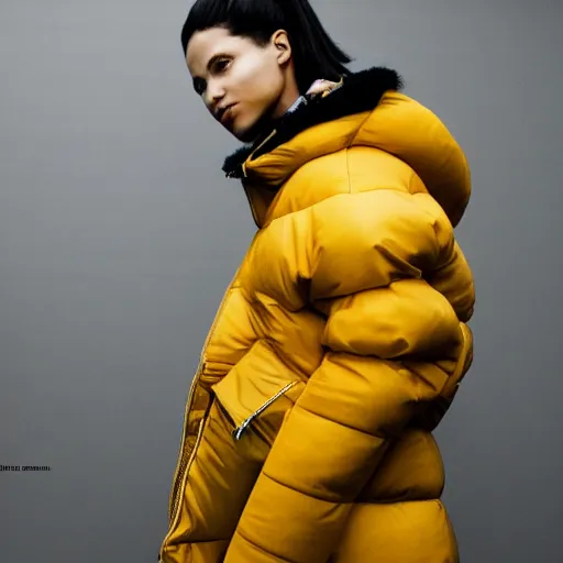 Image similar to realistic photoshooting for a new balenciaga lookbook color film photography close up portrait of a beautiful woman model, model wears a puffer jacket, photo in style of tyler mitchell, ssense