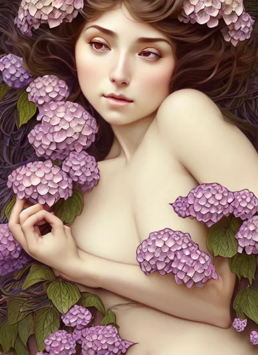 Prompt: a photographic portrait of a seductive sleeping anthropomorphic hydrangea blossom with a perfect face, fantasy, wind blowing hair, intricate, elegant, very very highly detailed, digital painting, artstation, concept art, smooth, super sharp focus, illustration, art by artgerm and h r giger and alphonse mucha