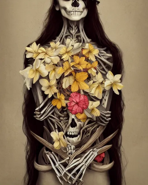 Prompt: a beautiful fine art portrait photo of skeleton, skull covered by hibiscus, daffodils, hydrangea, montsera leaves by tom bagshaw and zach sutton, very detailed, artstation, 8 k