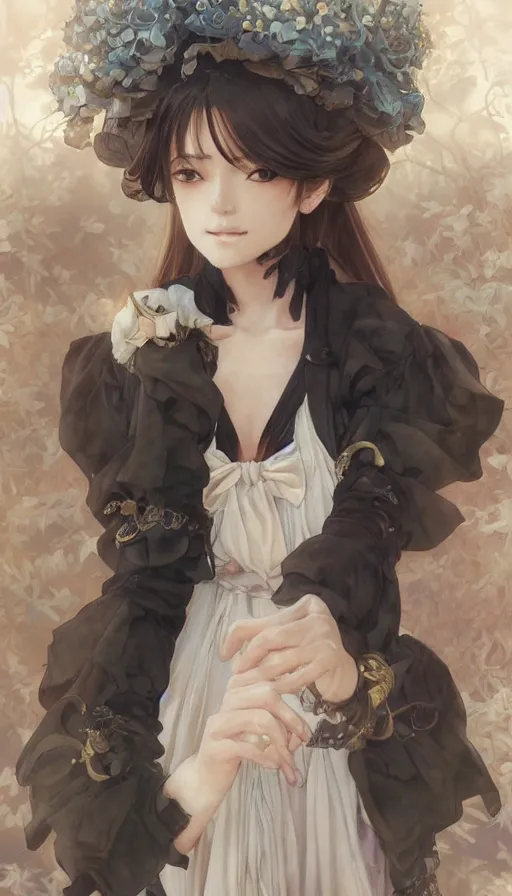 Image similar to portrait of kirisame marisa, touhou, anime art, dreamy and ethereal, expressive pose, peaceful expression, ornate frilly dress, fantasy, intricate, elegant, highly detailed, digital painting, artstation, concept art, smooth, sharp focus, illustration, art by artgerm and greg rutkowski and alphonse mucha