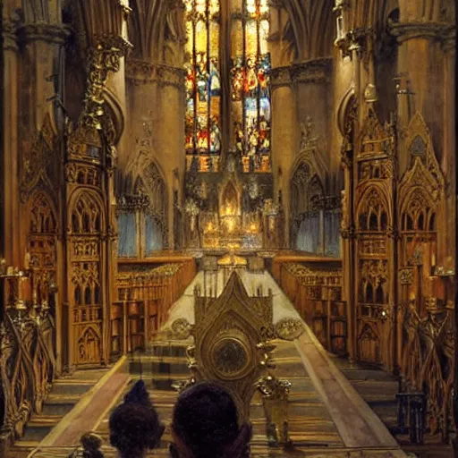 Prompt: inside a giant medieval cathedral, ornate and intricate details. highly detailed painting by gaston bussiere, j. c. leyendecker 8 k