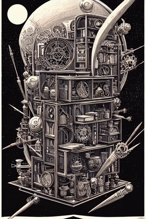 Image similar to a majestic steampunk alchemists bookshelf, two point perspective, furniture, high details, bold line art, by vincent di fate and joe fenton, inking, etching, screen print, masterpiece, trending on artstation, sharp, high contrast, hyper - detailed,, hd, 4 k, 8 k