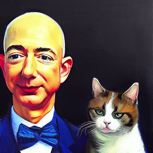 Image similar to a beautiful oil painting of jeff bezos holding a cat, 8k , award winning , made in 1800's , old , painted by vincent van gogh