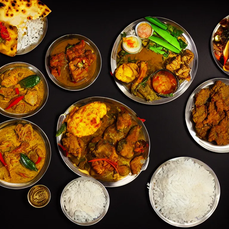 Prompt: close - up focused dslr photograph of an sri lankan dinner, 8 k, high detail, volumetric lighting, hyperrealism, aesthetically pleasing, studio lighting, trending