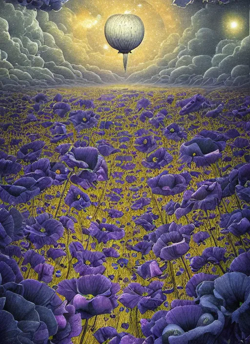 Image similar to detailed, intricate blue black and purple papaverum flower on the field, nebula, galaxy in the sky, winning award masterpiece, fantastically beautiful, illustration, aestheticly inspired, jacek yerka, upscale with anguissola sofonisba work, artstation, 8 k