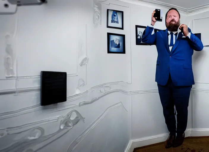 Image similar to dslr photo still of infowars host alex jones in a blue suit fat beard and mustache sitting depressed in a room filled to the ceiling with cell phones, 5 2 mm f 5. 6