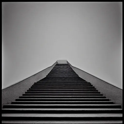 Image similar to black and white surreal photograph, highly detailed vast space made of stairsteps, sideview, detailed textures, natural light, mist, architecture photography, film grain, soft vignette, sigma 1 4 mm f / 1. 4 1 / 1 0 sec shutter, imax 7 0 mm footage