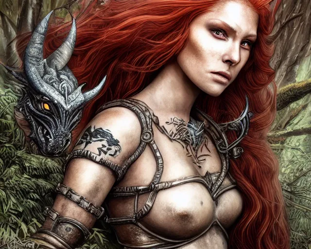 Image similar to 5 5 mm portrait photo of an armored gorgeous anesthetic redhead woman warrior with a face tattoo and horns growing from her head, and small dragon sitting on her shoulder in a magical forest in the style of stefan kostic, art by luis royo. highly detailed 8 k. intricate. lifelike. soft light. nikon d 8 5 0. cinematic post - processing