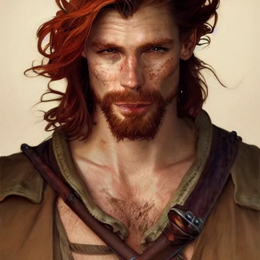 Prompt: portrait of a young ruggedly handsome but charming pirate, male, freckles, masculine, upper body, red hair, long hair, d & d, fantasy, intricate, elegant, highly detailed, digital painting, artstation, concept art, matte, sharp focus, illustration, art by artgerm and greg rutkowski and alphonse mucha