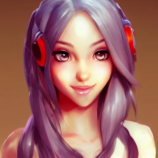 Prompt: very beautiful gamer girl, smiling, flirty, eye contact, perfect face, perfect body, drawn by artgerm