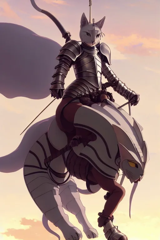 Image similar to a full body of the female knight riding a heavy armored giant cat, finely detailed features, closeup at the faces, perfect art, gapmoe yandere grimdark, trending on pixiv fanbox, painted by greg rutkowski makoto shinkai takashi takeuchi studio ghibli, akihiko yoshida