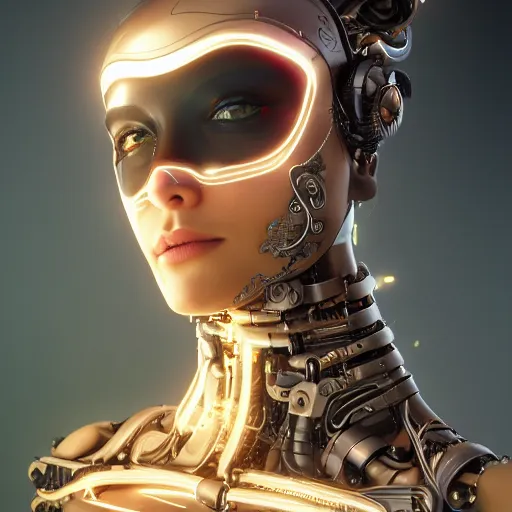 Prompt: A close-up portrait of a beautiful female cyborg wearing an intricate venetian mask, exposed inner structure, glowing eyes, art nouveau card, wlop, trending on artstation