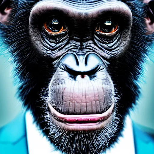 Prompt: a high detail closeup photograph of a chimpanze wearing a suit 👔, award wining photograph, digital art