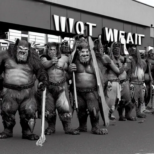 Image similar to orcs standing outside of a Walmart, protesting the working conditions, High detail, 2005