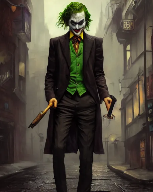 Image similar to oil painting of the joker holding a smoking pipe, detective clothes, close shot, full body, dark london alley background, sharp focus, fantasy style, octane render, volumetric lighting, 8k high definition, by greg rutkowski, highly detailed, trending on art Station, dungeons and dragons artwork, centered