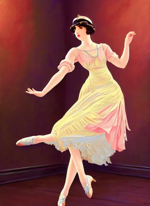 Image similar to a beautiful girl in 1920's fashion dancing the Charleston, living room background, intricate, highly detailed, digital painting, artstation, official media, anime key visual, concept art, rich vivid colors, ambient lighting, sharp focus, illustration, art by Artgerm, Makoto Shinkai, Ilya Kuvshinov, Lois Van Baarle, and Rossdraws