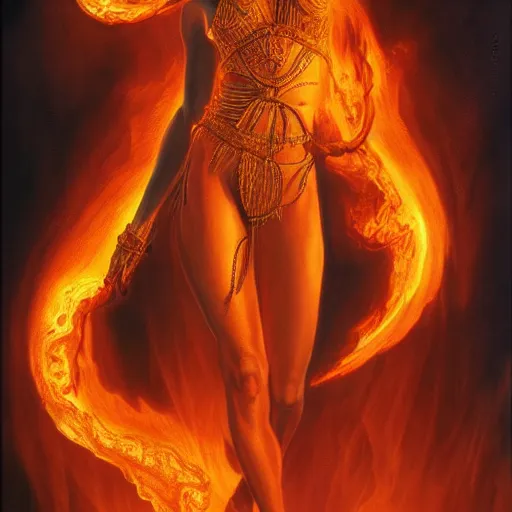 Image similar to A stunning portrait of a goddess, her body made of flames, by Jim Burns, 8K UHD, intricate, fantasy
