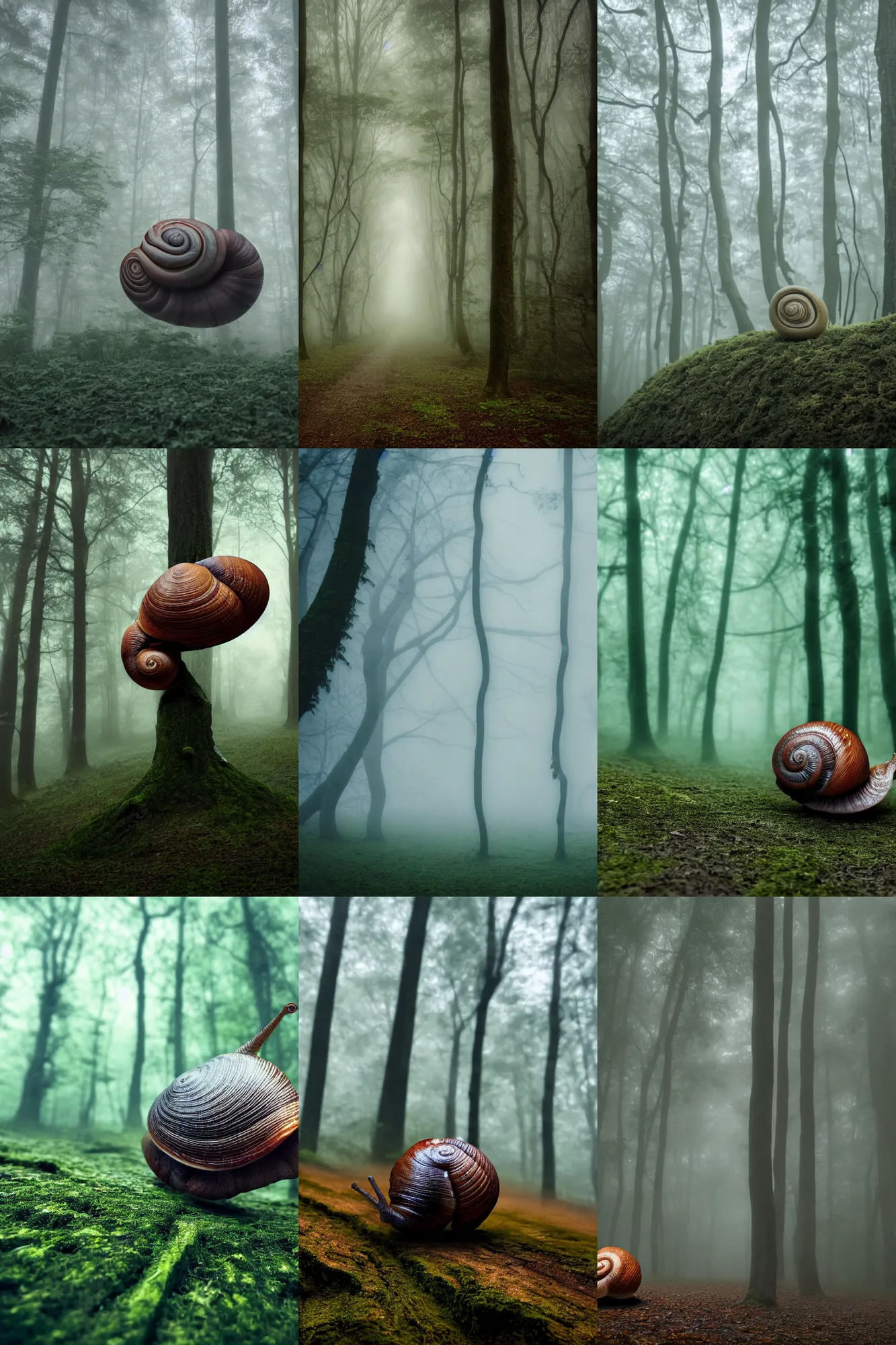 Prompt: a gigantic snail crawling among the trees in a forest, very foggy, moody, cold color palette, 4 k, high quality