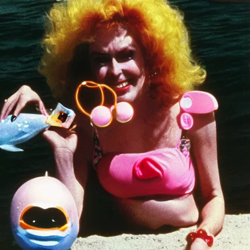 Image similar to 1981 woman on tv show wearing a happy squishy inflatable prosthetic mask, soft color wearing a swimsuit at the beach 1981 color film 16mm holding a an inflatable fish Fellini John Waters Russ Meyer Doris Wishman old photo