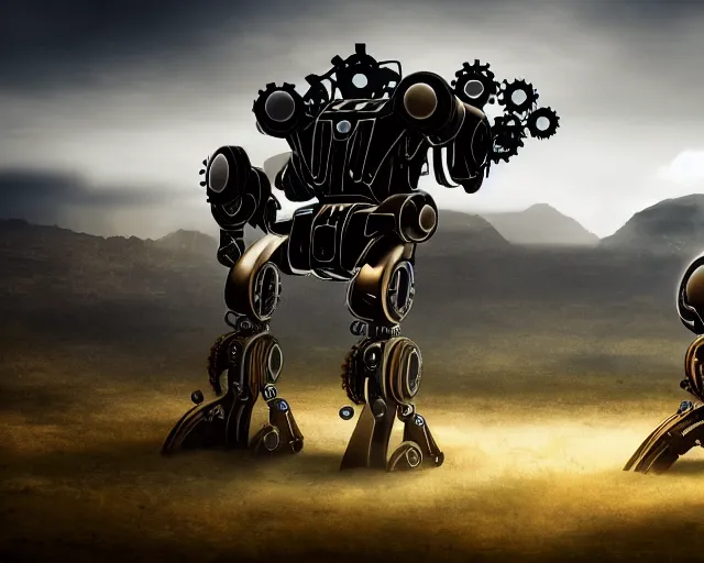 Image similar to two giand futuristic Sci-Fi robot fighting each other, landscape, steampunk, gears, close up, cloudy, mountains on background, peaceful day