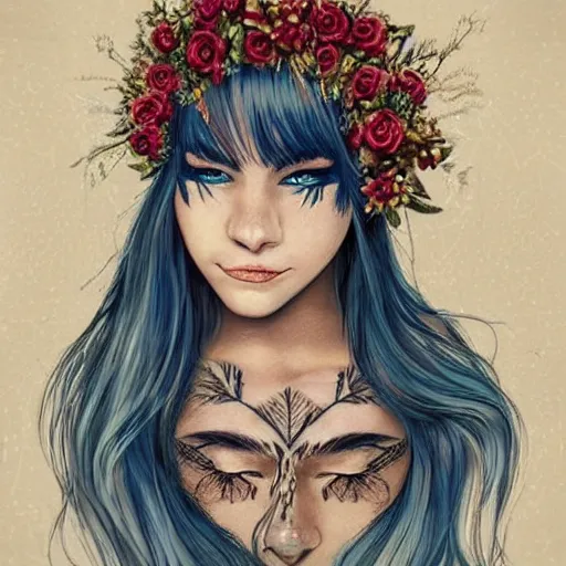 Prompt: incredibly beautiful portrait of A girl who looks like a priestess of love. With a gorgeous wreath of flowers on her head and blue eyes. White hair. Tattoo