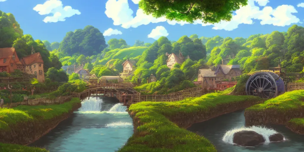 Image similar to background matte painting miyazaki ghibli miyamoto anime pixar dreamworks, full frame, vista english countryside, quaint village waterwheel stream.