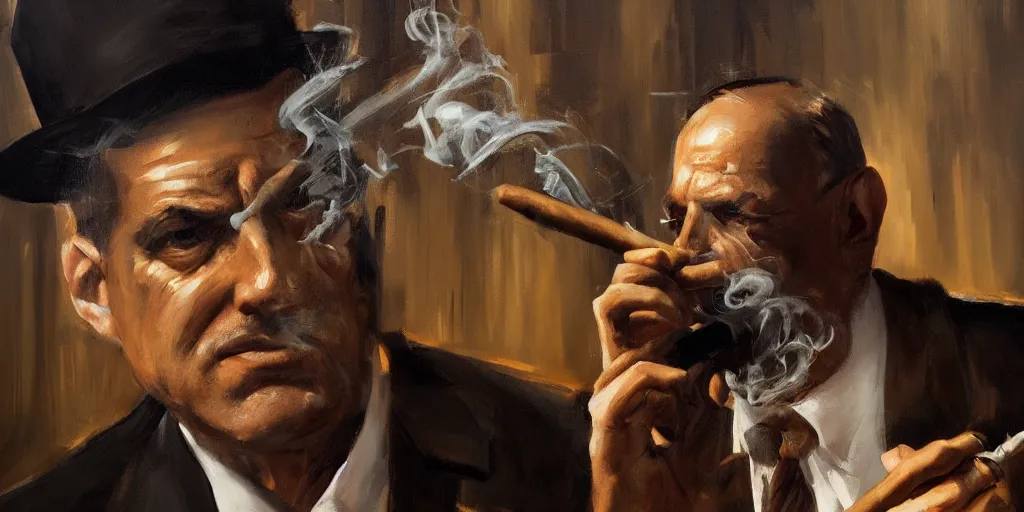 Image similar to abstract oil matte portrait painting, mafia boss smoking a cigar at his 5 0 s new york office desk, wonderful masterpiece highly detailed, beautiful cinematic light deep focus, elegant, digital painting, smooth, sharp focus, golden ratio, dramatic illumination, ultra realistic, 8 k, art by jimmy law