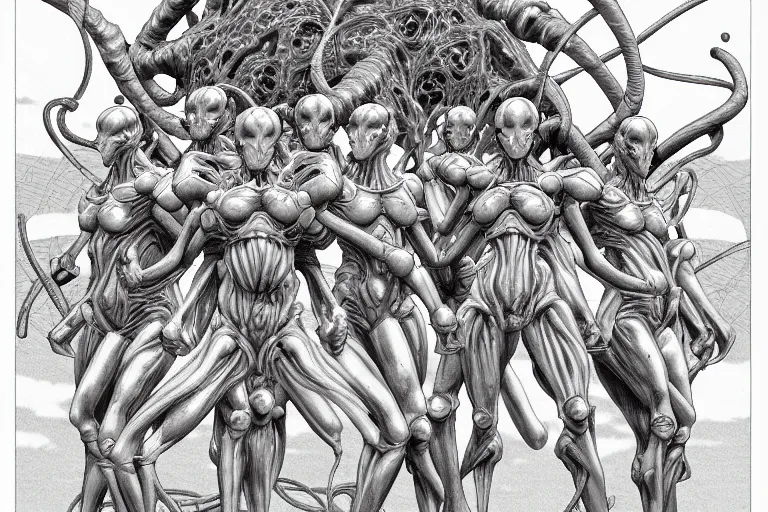 Image similar to cel shaded study of a group of flesh golems, key visual with intricate linework, in the stlye of moebius, ayami kojima, 90's anime, retro fantasy