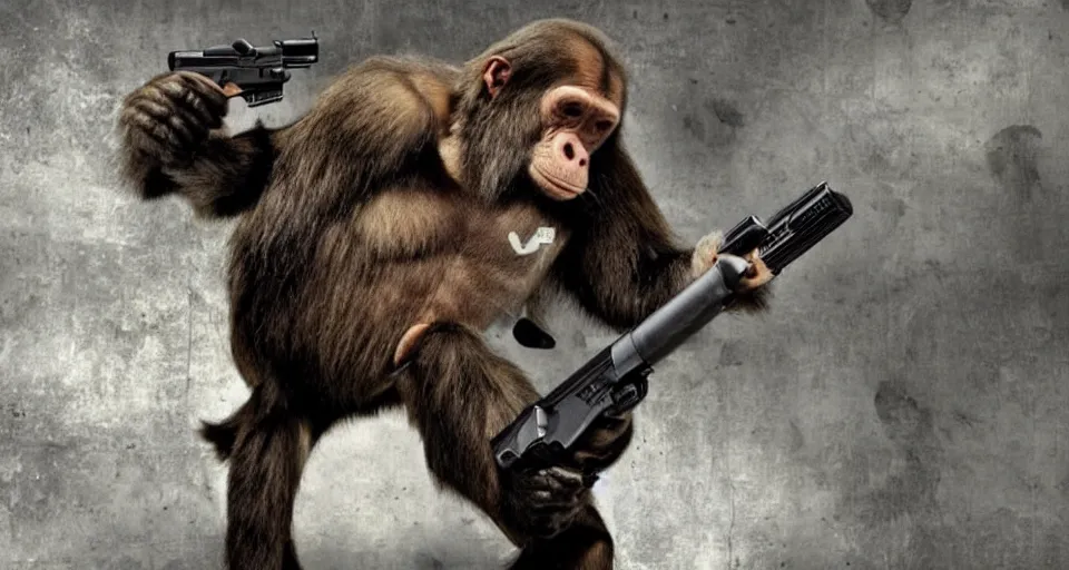 Image similar to Ape Pointing Gun at a Computer Meme