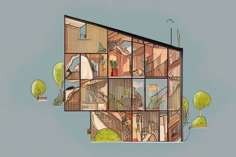 Image similar to a beautiful flat 2 dimensional illustration of a cross section of a house, view from the side, a storybook illustration by muti, colorful, minimalism, featured on dribble, unique architecture, behance hd, dynamic composition