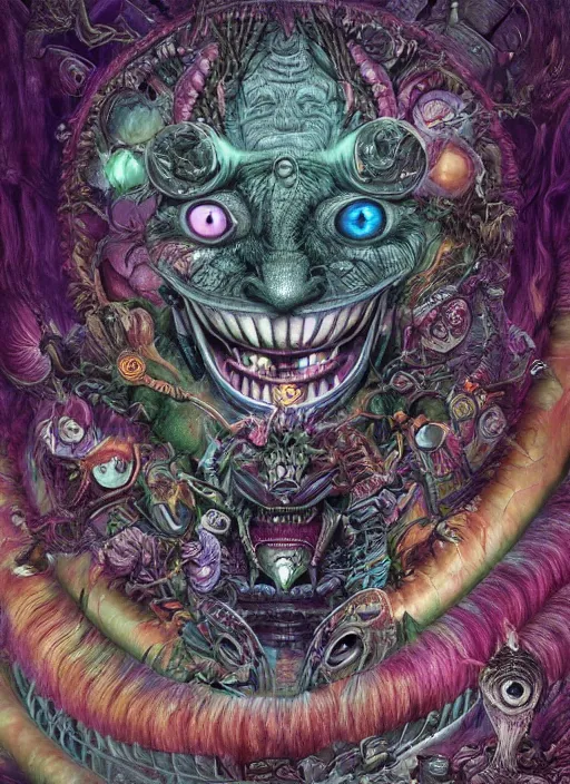 Image similar to cheshire cat, aztec god, alien, highly detailed, cinematic, 8 k, by megan duncanson, benjamin lacombe, adrian borda, stanley artgermm, tom bagshaw, craig mullins, carne griffiths, ayami kojima, beksinski, giger, trending on deviantart, hyper detailed, horror, full of colour