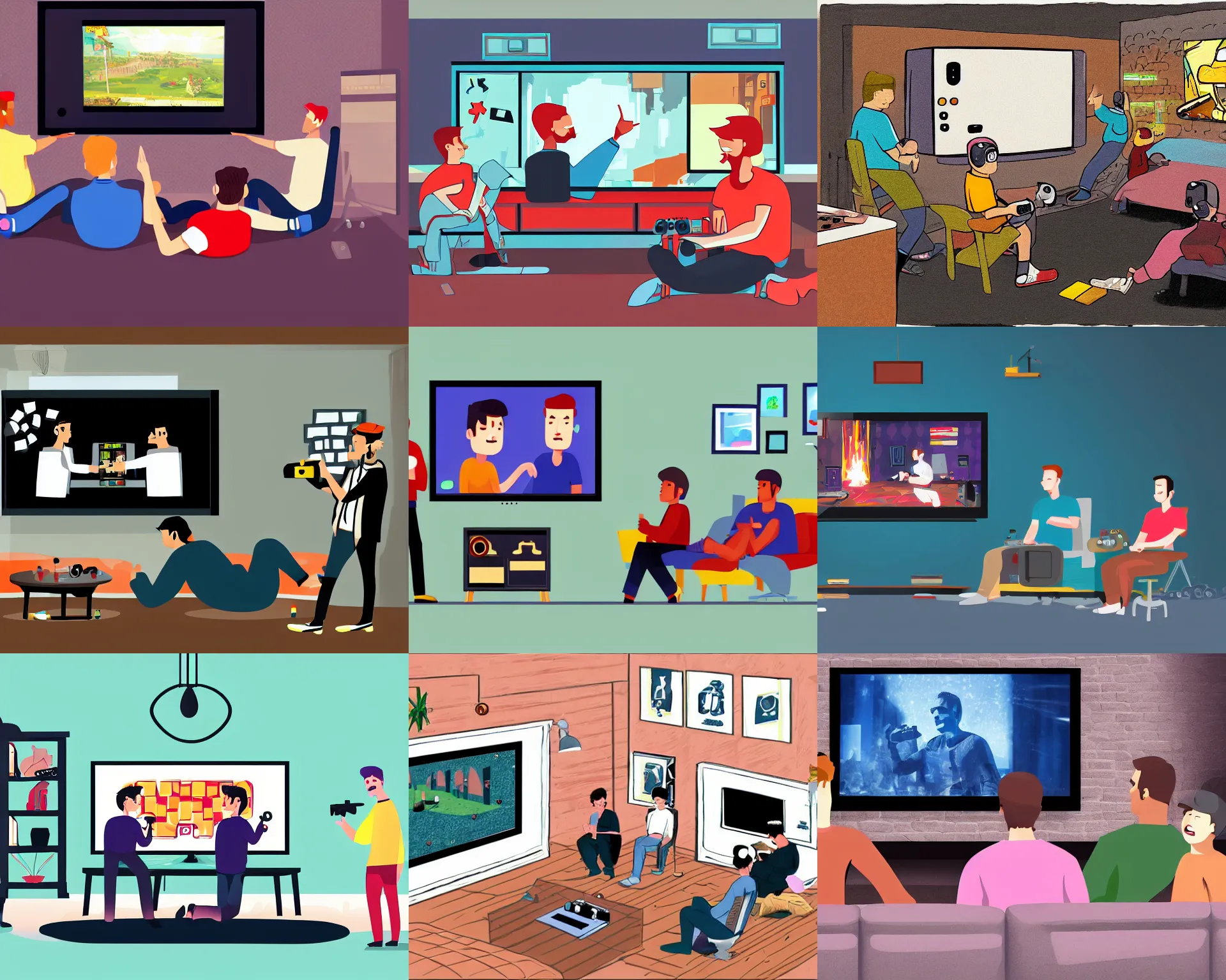 Prompt: a room where three men playing video games on big screen, illustration