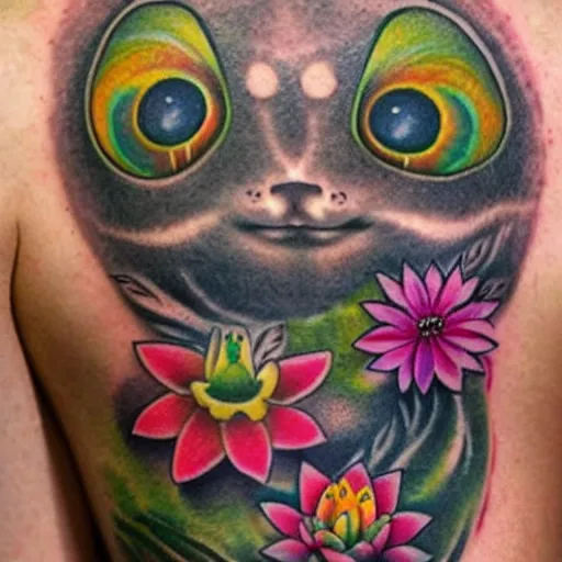 Image similar to shoulder tattoo of a meditating cute bush baby with trippy eyes and glowing multicolored chakra symbols, surrounded with colorful lotus flowers, insanely integrate