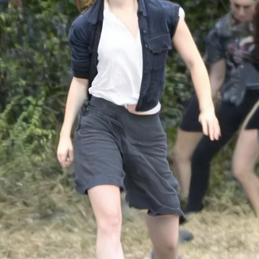 Image similar to emma watson tackling big foot to the ground, blurry focus