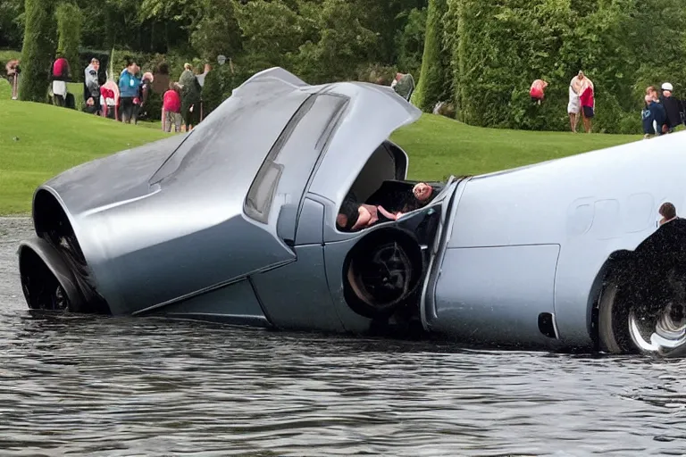 Image similar to Group of teenagers push Rolls-Royce into lake from small slide