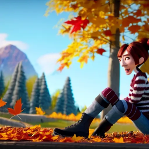 Image similar to a stopmotion animation character, a beautiful canadian woman, gardening, very attractive, messy dark grey hair, striped sweater, tight denim jeans, maroon doc marten boots, canadian maple leaves blowing about, mountains, autumn, unreal engine 5, 8 k, kubo and the two strings, disney, pixar,