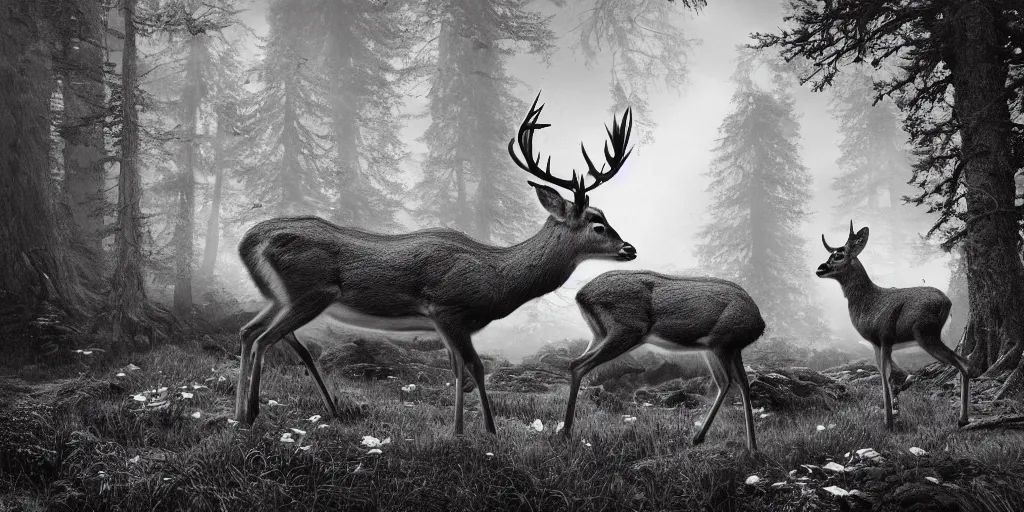 Prompt: deer getting overgrown by roots, edelweiss growing on his fur, forest, dolomites, alpine, detailed intricate insanely detailed octane render, 8k artistic 1920s photography, photorealistic, black and white, chiaroscuro, hd, by David Cronenberg, Raphael, Caravaggio