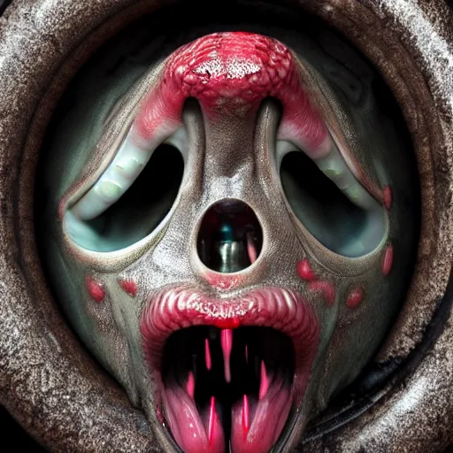 Prompt: realistic long textured tongue, wet humanoid alien,, dripping acid saliva, smoke, mouth in mouth, 8 alien eyes, metallic fangs, thin red veins, grey snake scale skin, cinematic light shadows, slimy reflections, crawling in a sewer pipe, flashlight lighting, insanely detailed