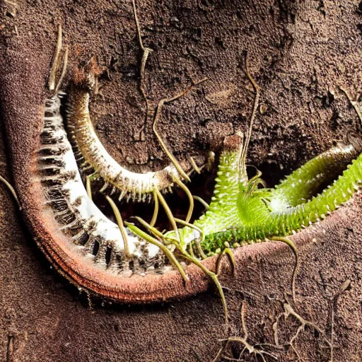 Image similar to a carnivorous plant with alligator jaw and teeth, photo of a plant growing showing its roots underground, plant photography