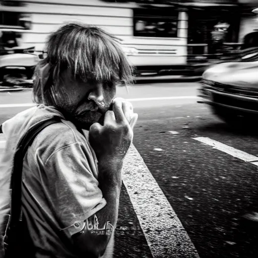 Image similar to candid photo of a real-life minion living homeless on the street, beautiful photography, detailed portrait shot, 35mm, lens, sony a7z, moody, sad, flickr, hyper realistic, real life, 4k, UHD