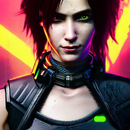 Prompt: headshot of punk female from cyberpunk 2077 wearing thick steel choker around neck, 4K, detailed face, collar on neck, realistic, artstation, neon,