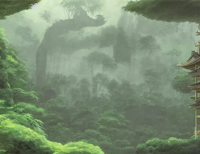 Prompt: a cinematic widescreen photo of ancient japanese temples in a misty bamboo cloud forest on a mountain by studio ghibli by roger dean, photorealistic, 7 0 mm, concept art
